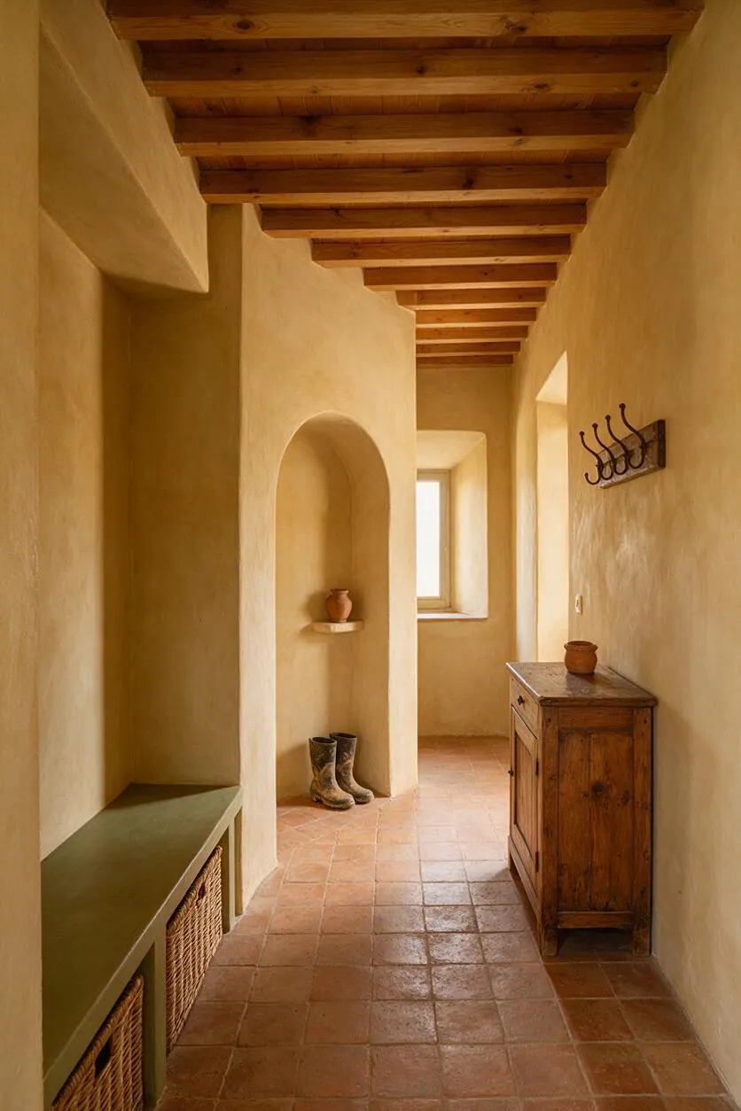 A narrow Mediterranean-style mudroom with warm plaster walls, terracotta floor tiles, and exposed wooden ceiling beams. The space includes a built-in bench with woven baskets, an arched wall niche holding pottery and boots, a wooden cabinet, and a dark metal wall hook rack near a small window.