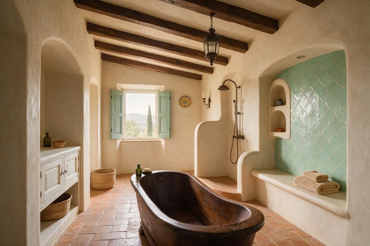 A Mediterranean-style master bathroom with white plaster walls, exposed dark wood ceiling beams, a terracotta tile floor, and mint green shuttered windows. The room features a carved wooden soaking tub, built-in stucco niches and bench seating, a brass shower fixture, and woven baskets with folded towels.