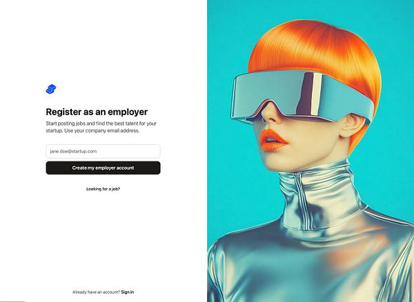 A futuristic sign-up page for employers features a striking model with an orange bob hairstyle and reflective sunglasses.