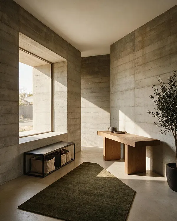 A minimalist entryway with exposed concrete walls and a pale plaster ceiling, lit by strong natural light from a large window on the left. The space includes a simple wooden console table, a black metal shoe bench with storage baskets, an olive green rug, and a potted plant in the corner.