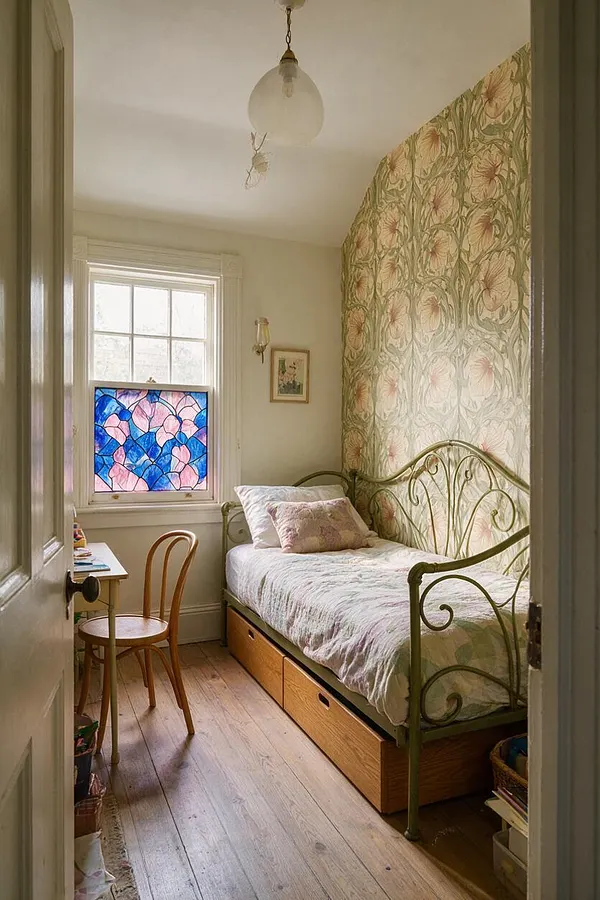 A narrow kids' room with a single metal bed in a soft olive-green finish, floral wallpaper covering one wall, and a stained-glass window panel in blue and pink. The room has a wooden floor, a small desk with a bentwood chair, and warm natural light filtering through the window.
