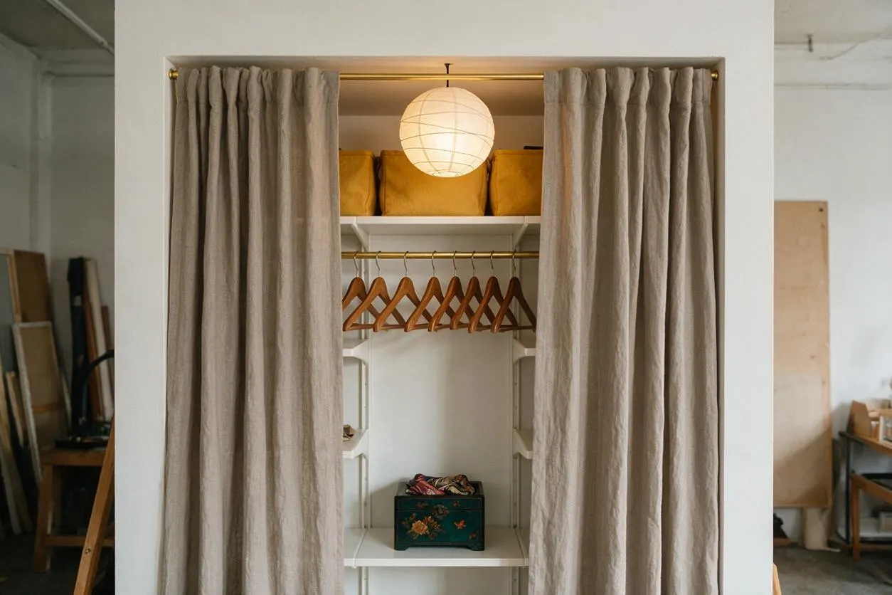 A small eclectic closet is framed by floor-length beige linen curtains and lit by a round paper pendant. Inside, white shelves hold mustard storage bins at the top, a row of wooden hangers on a brass rod, and a decorative floral box on the lower shelf.