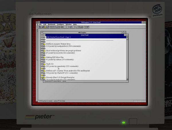 A vintage computer screen displays a live feed interface from a Gopher client.