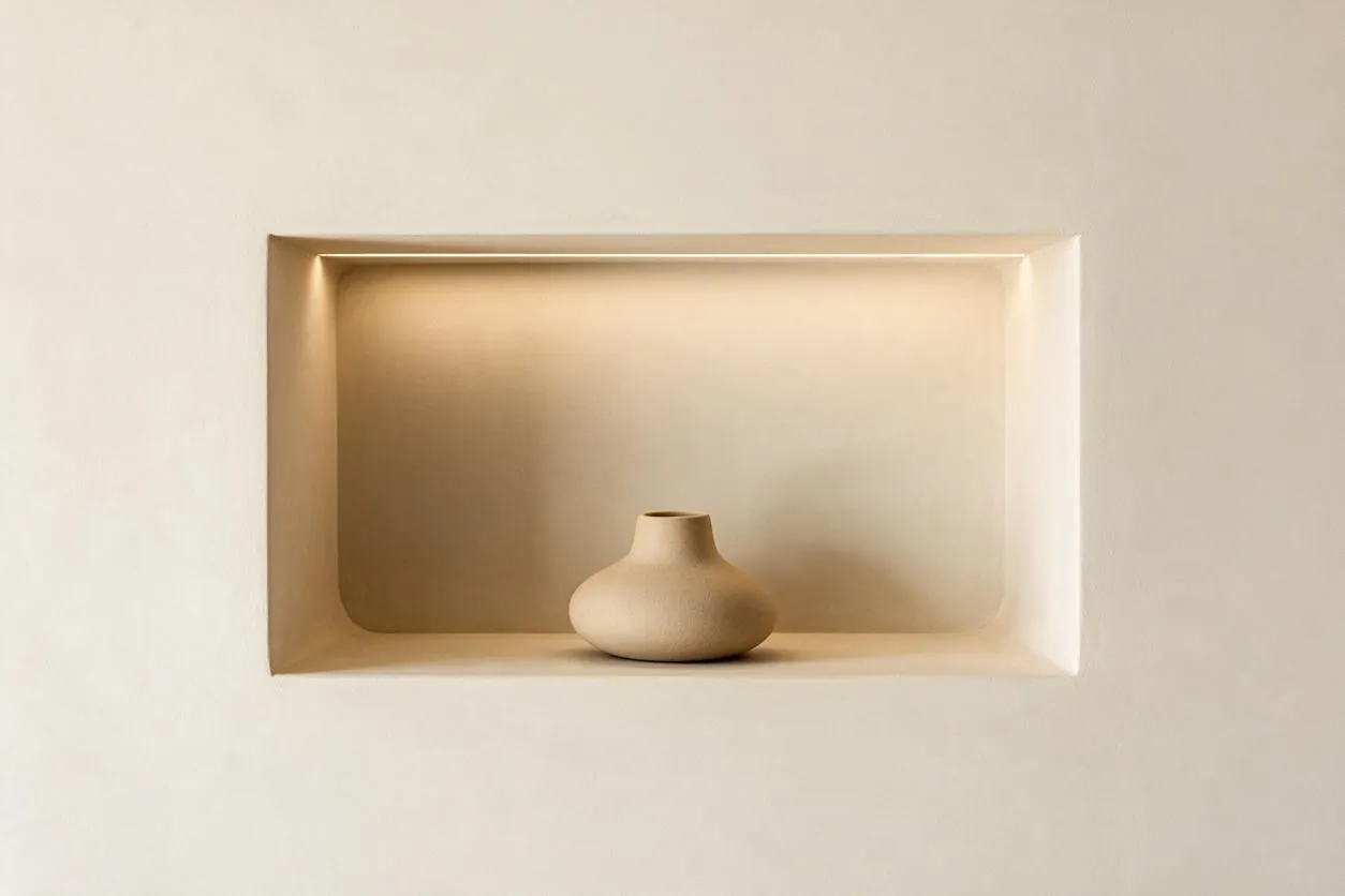 A minimalist wall niche painted in warm beige holds a small sculptural ceramic vase centered on the shelf. Soft recessed lighting washes the alcove, creating a calm, understated focal point against the smooth neutral wall.