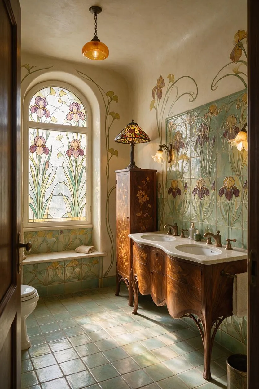 An Art Nouveau bathroom with a curved stained-glass window filled with iris motifs, a carved wooden double vanity with a white countertop, and floral hand-painted tile walls. Soft green floor tiles, warm amber pendant lighting, and organic vine patterns create a romantic, nature-inspired atmosphere.