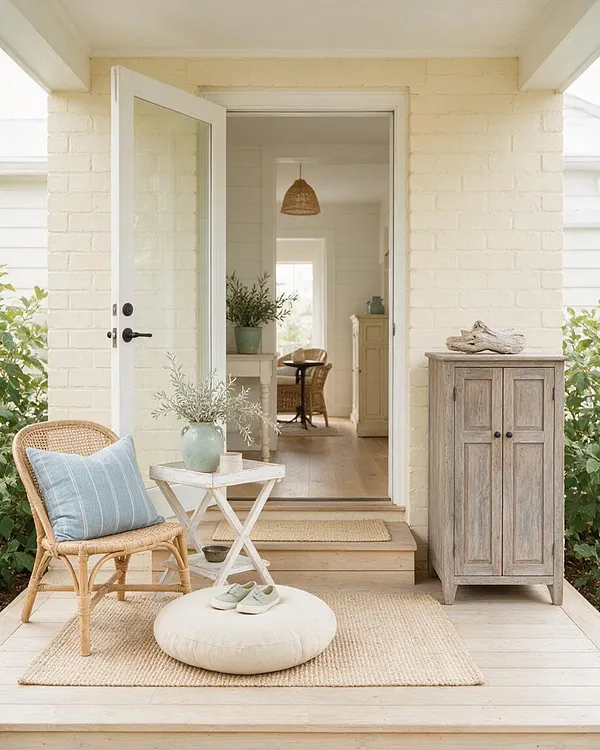 A bright coastal front porch with a pale brick exterior, open white-framed glass door, and soft neutral decor. A rattan chair with a blue striped cushion sits beside a small white side table, a round floor cushion, and a weathered wood cabinet, with woven rugs and greenery adding a relaxed seaside feel.