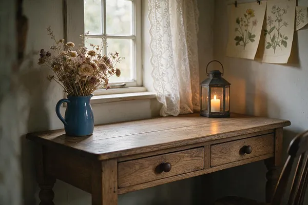 A rustic wooden desk sits beneath a small window with a lace curtain. On the desk are a blue ceramic pitcher filled with dried flowers and a lit lantern, while botanical prints hang on the wall, creating a warm cottagecore vignette.