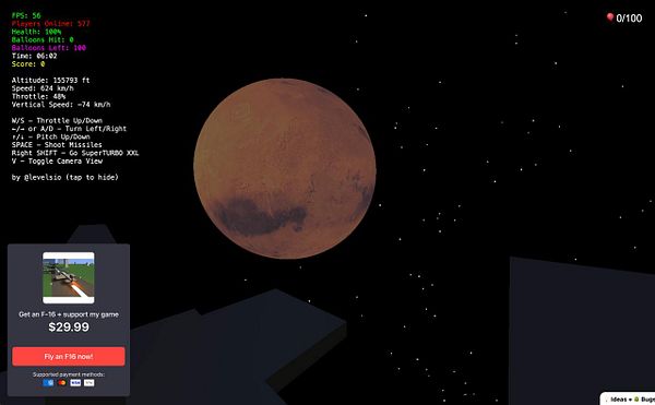 The image displays a gaming interface featuring a view of Mars and flight controls.
