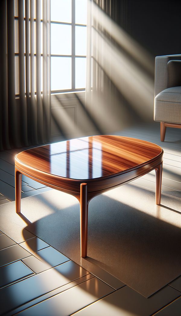 A wooden coffee table with a shiny, high-gloss lacquer finish, illuminated by soft, natural light.