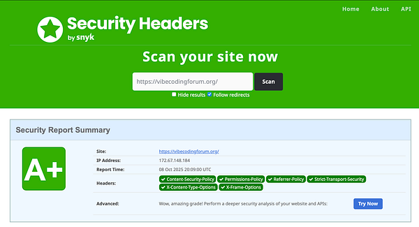 The image displays a security report for the website vibecodingforum.org, indicating a high security score.