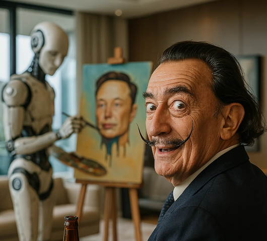 A man with a prominent mustache smiles at the camera while a robot paints a portrait of a man in the background.