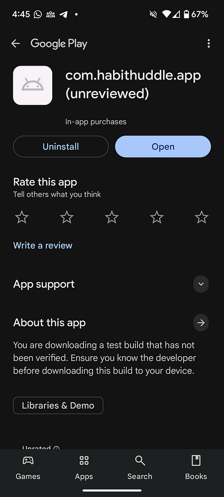 The image displays a Google Play Store interface for an unreviewed app named 'com.habithuddle.app'.