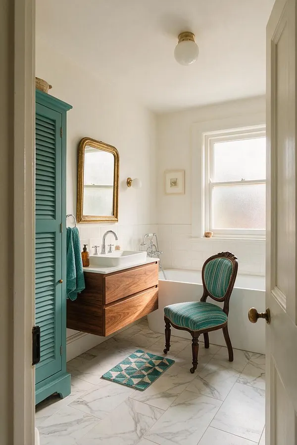 A bright master bathroom with white walls and marble-look floor tiles features a floating wood vanity with a white sink, a gold-framed mirror, and a teal louvered cabinet. A vintage upholstered chair in matching teal stripes sits beside a white bathtub under a frosted window, creating an eclectic mix of old and new.