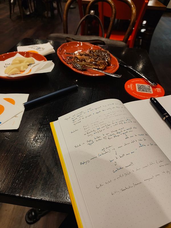 A cozy café setting with a notebook, food, and writing materials on a wooden table.