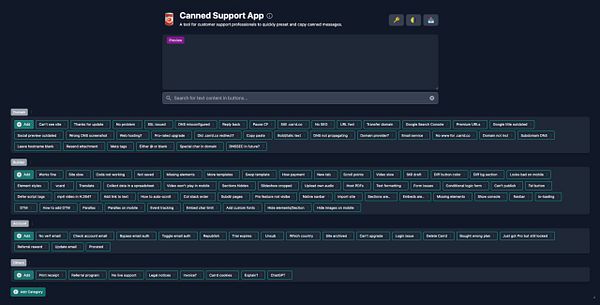 The image displays the interface of the Canned Support App, showcasing various preset canned messages for customer support tasks.
