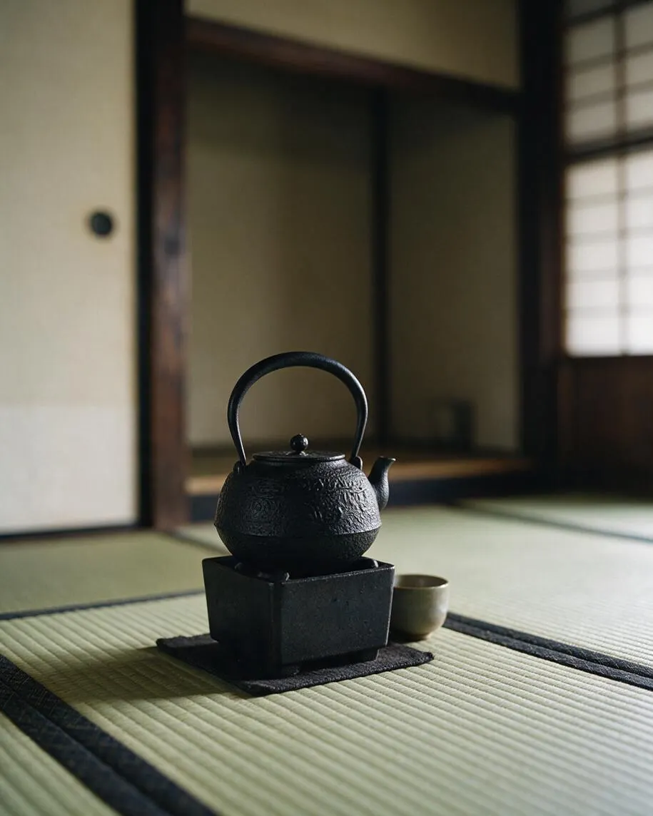 A small black cast iron teapot sits on a square stand atop woven tatami mats in a traditional Japanese room. Soft daylight filters through shoji-style windows, creating a calm, minimalist Zen atmosphere.