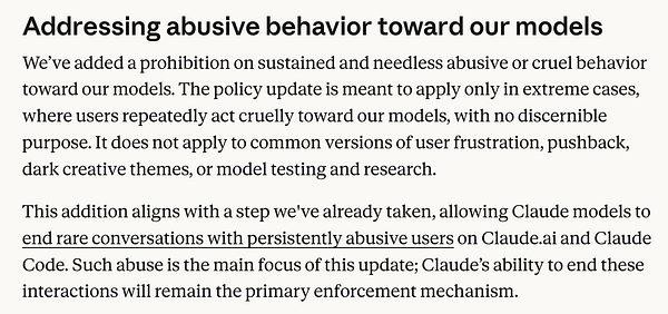 Text explaining a new policy prohibiting sustained abusive behavior towards AI models, emphasizing enforcement against persistent abuse.