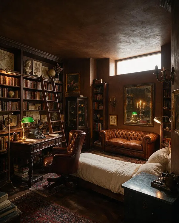 A dark academia guest bedroom combines a low bed with white bedding, a tufted brown leather sofa, and a vintage wood desk. Floor-to-ceiling bookshelves, a ladder, framed artwork, brass lamps, and a patterned rug create a moody, scholarly atmosphere under warm, dim lighting.