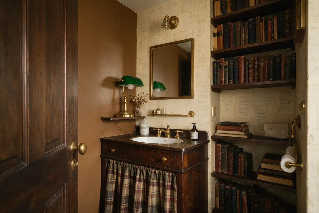 A moody powder room with dark wood cabinetry, a brass faucet, and a small mirror above a compact sink. Built-in shelves on the right are lined with old leather-bound books, while a green banker’s lamp and plaid curtain add to the scholarly, vintage atmosphere.