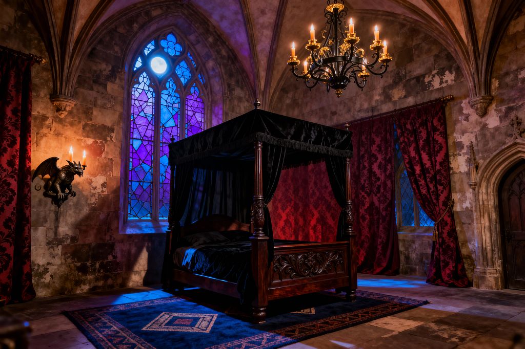A dramatic Gothic bedroom features a carved dark-wood four-poster canopy bed draped in black velvet, set on a patterned navy rug beneath a ribbed vaulted ceiling. Weathered stone walls frame a tall pointed-arch stained-glass window glowing blue and purple, flanked by red damask curtains; a wrought-iron candle chandelier and a gargoyle wall sconce provide warm candlelight beside an arched wooden door and a small leaded window.