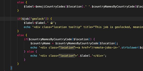 The image displays a code snippet related to job location handling in a web application.