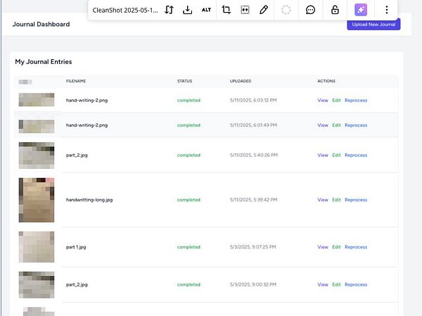The image displays a user interface for a journal dashboard showing a list of journal entries.