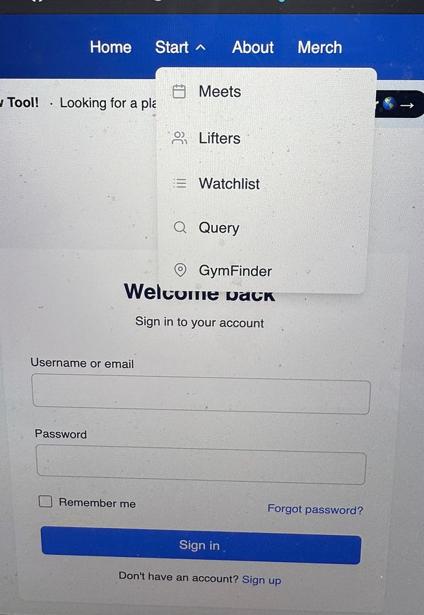 The image displays a user interface for a login page with a dropdown menu for navigation options.