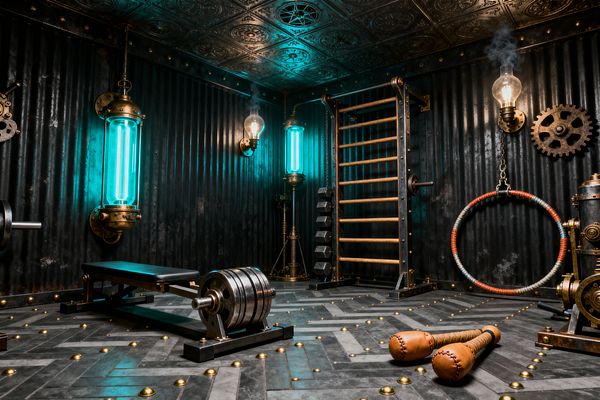 Moody steampunk home gym with corrugated black metal walls and an ornate pressed-metal ceiling dotted with brass rivets. Cyan-glowing glass tube lights and warm Edison bulbs illuminate a black leather bench with a heavy barbell, a stall bar with brass rungs and hex dumbbells, a gear accent and wrapped aerial hoop, slate-gray herringbone flooring with brass caps, and a pair of turned wood Indian clubs, with faint steam rising from fixtures.