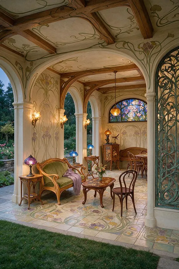 An elegant backyard loggia in Art Nouveau style with arched openings, hand-painted floral walls and ceiling, and a tiled floor decorated with swirling botanical motifs. Curved wood furniture, mosaic-topped tables, colored glass lamps, and a stained-glass window create a warm, romantic outdoor room overlooking the garden.