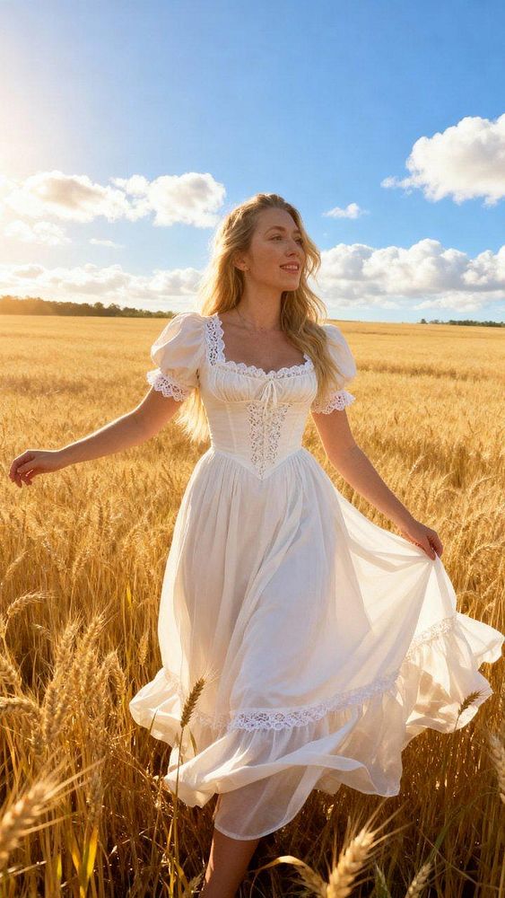 A woman in a flowing white dress stands joyfully in a golden wheat field under a bright blue sky.