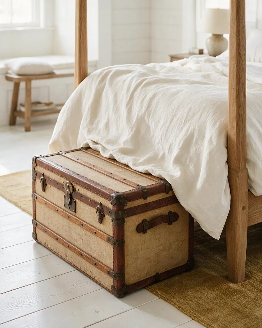 A farmhouse bedroom with a wooden canopy bed dressed in crinkled white linens, paired with a vintage tan-and-brown trunk used as a bedside storage piece. Soft daylight, a natural fiber rug, and simple wood furniture create a calm, rustic atmosphere.