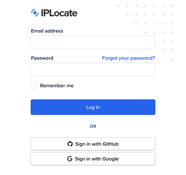 Login interface for IPLocate with options for email and social media sign-in.