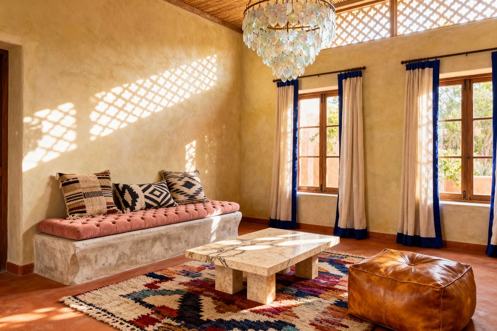 A warm Bohemian living room features limewashed sand walls and a built-in plaster bench topped with a tufted dusty-rose cushion and patterned kilim pillows. A low veined marble coffee table sits on a multicolor wool rug, with a tan leather pouf nearby. Wood-framed windows with cream curtains edged in cobalt flood the space with sunlight, while a tiered capiz shell chandelier and terracotta flooring add texture and glow.