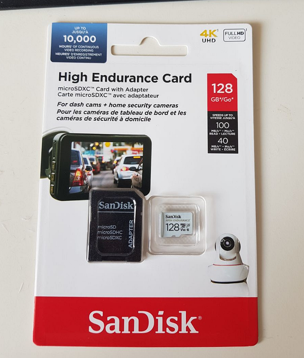 Close-up image of a sealed SanDisk microSD card package.