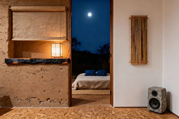 Small media room with a rough earthen plaster wall featuring a charred wood ledge and a shoji-style washi lantern casting warm light. A bamboo wall panel hangs on a smooth white plaster wall beside a rough stone speaker on OSB flooring. Through the wood-framed doorway, a low bed with a beige blanket and indigo pillows sits on a natural fiber rug, with a full moon visible in the dark sky beyond.