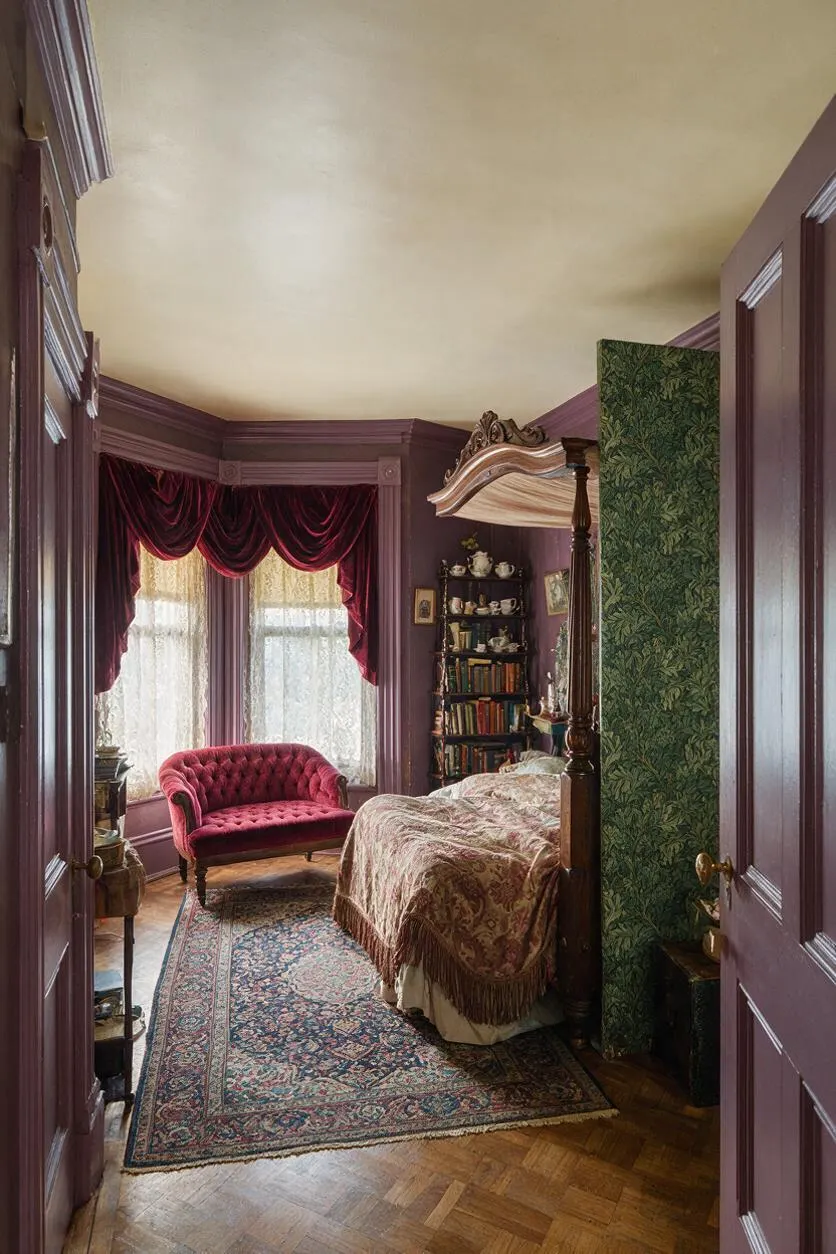 A compact Victorian-style studio apartment with mauve painted trim and walls, a tufted burgundy loveseat by lace-draped windows, and a carved canopy bed with patterned bedding. A floral green partition, antique bookshelf, oriental rug, and parquet wood floor create a richly layered, old-world atmosphere.