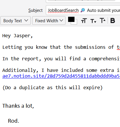 An email draft informing a recipient about a linkbuilding report.