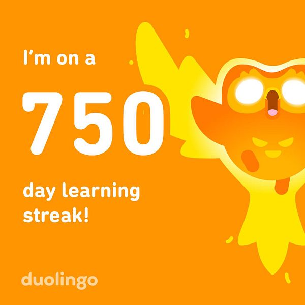 A vibrant graphic celebrating a 750-day learning streak on Duolingo.