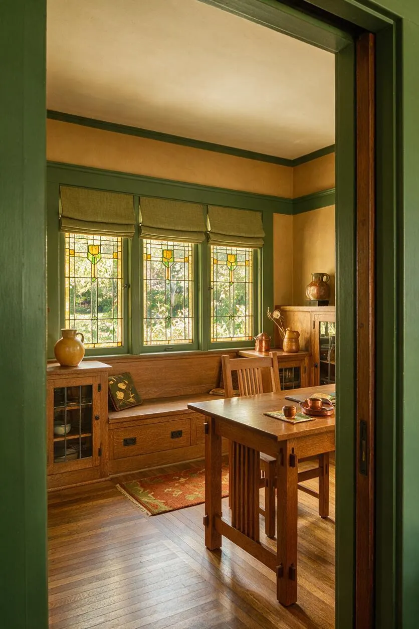 A Craftsman-style home office with green painted trim, warm tan walls, and stained wood floors. The room features a built-in wooden window seat beneath three leaded-glass windows, a small wooden desk and chair, and matching wood cabinets with glass doors.