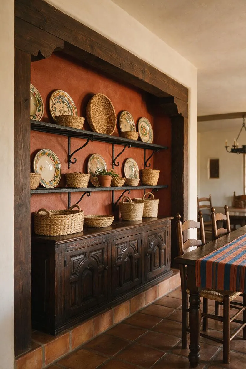 A Mediterranean-style dining room with a built-in display niche framed in dark wood, terracotta walls, and black metal shelves holding decorative plates and woven baskets. A carved dark wood sideboard sits below, while a wooden dining table and chairs appear at the right, with a striped runner adding color over terracotta tile flooring.