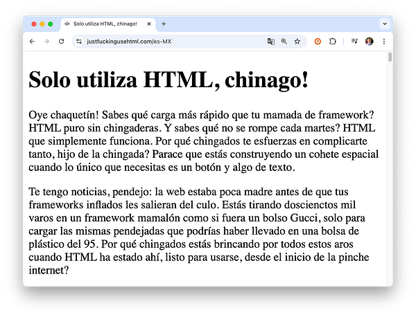 The image displays a webpage titled 'Solo utiliza HTML, chinago!' featuring a humorous critique of modern web development frameworks.