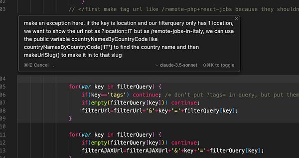 The image displays a code snippet related to modifying URL structures for job filters.