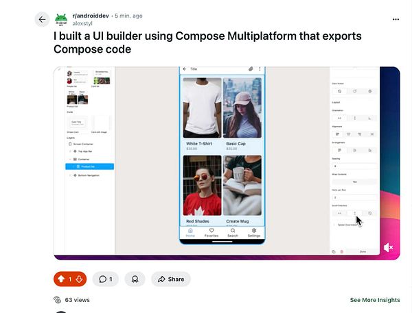 A UI builder interface showcasing a product list with various items and customization options.