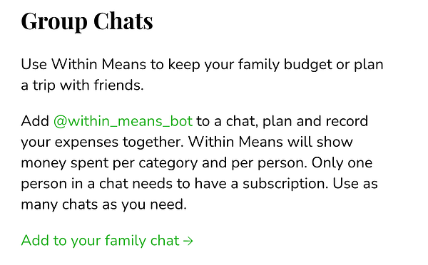 The image features a section titled 'Group Chats' with information about using the Within Means bot for expense management.