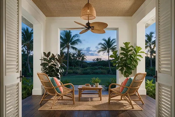 A tropical front porch with open French doors framing a sunset view of palm trees and lush greenery. Two woven rattan lounge chairs with coral and teal cushions face a small wooden coffee table on a natural fiber rug, beneath a woven pendant light and ceiling fan.
