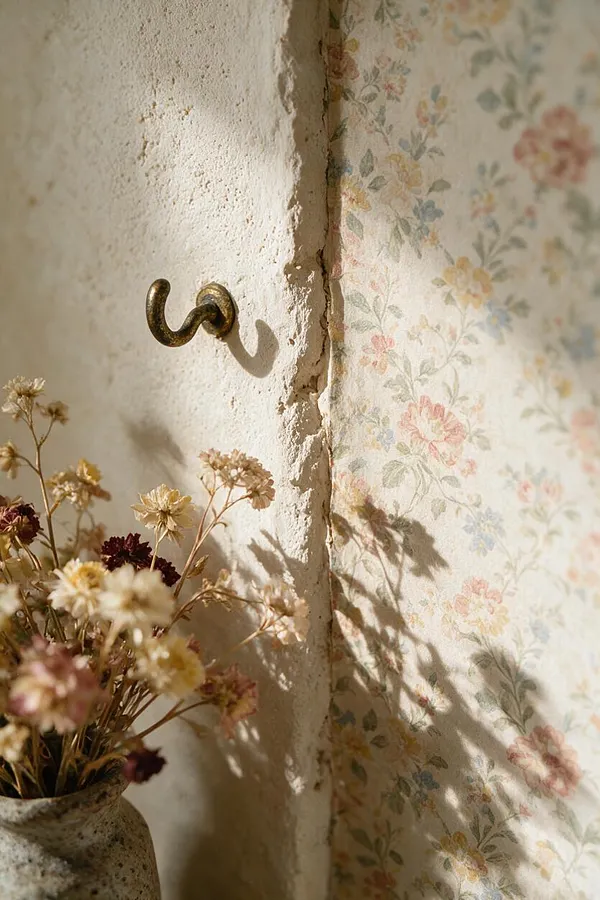 A close-up of a cottagecore wall corner with rough off-white plaster meeting soft pastel floral wallpaper. A small brass wall hook is mounted on the plaster, and dried flowers in a rustic vase appear in the lower left, casting gentle shadows in warm sunlight.