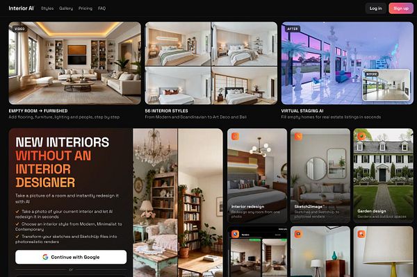 Interior AI website landing page showcasing AI-powered interior design tools with before-and-after images and multiple features highlighted.