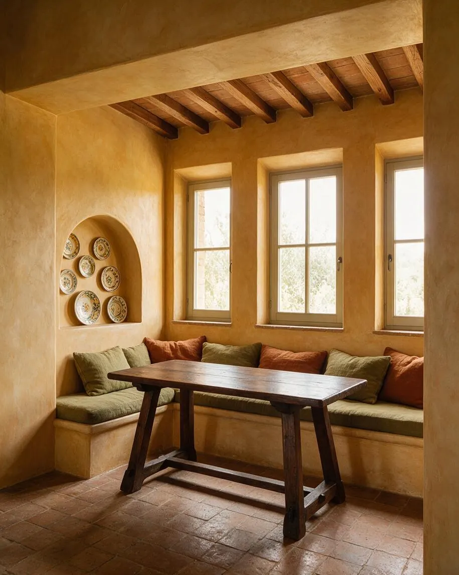 A Mediterranean-style sunroom with warm ochre stucco walls, three tall windows, and exposed wood ceiling beams. A built-in corner bench with olive green and rust cushions wraps around a dark wood table, while a recessed wall niche displays decorative ceramic plates.