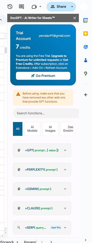The image displays a user interface for the DocGPT tool, showcasing account details and available AI functions.