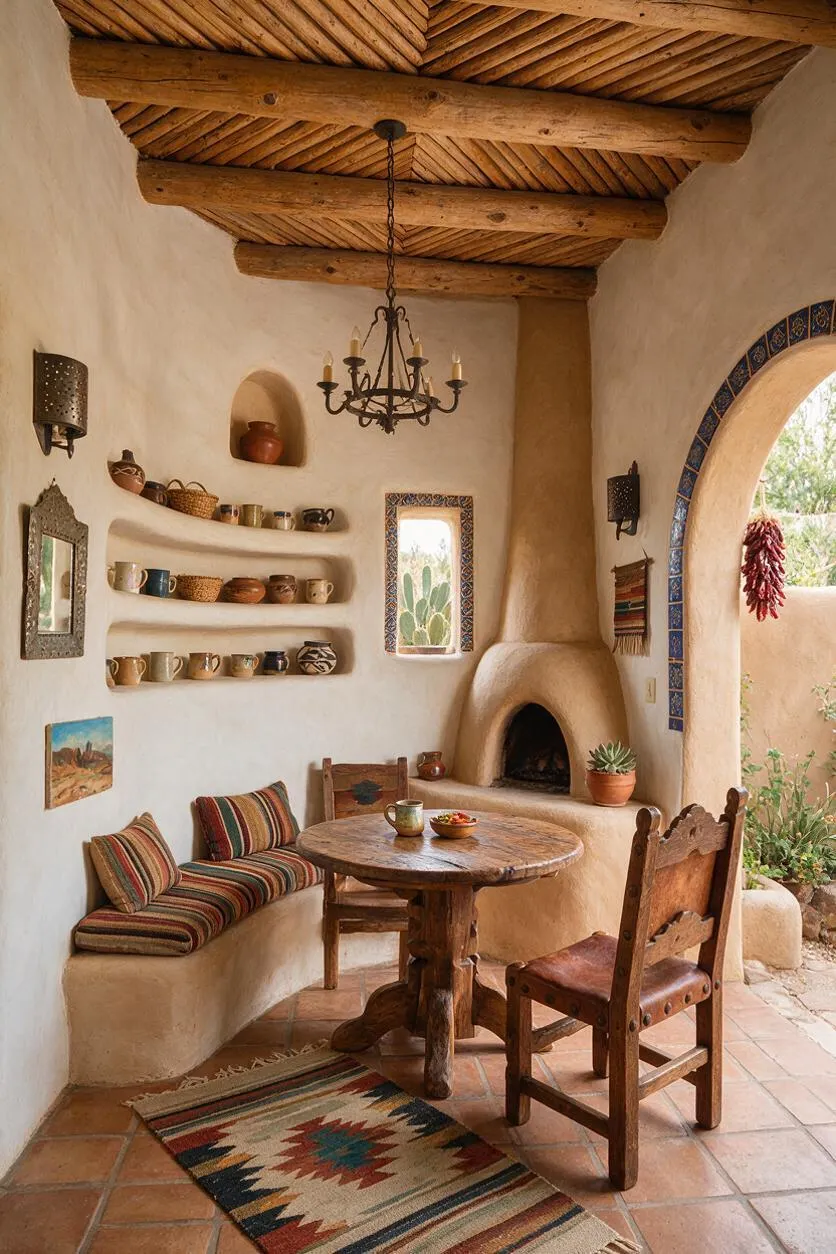 A cozy Southwestern backyard patio with white adobe-style walls, a carved wood ceiling with exposed beams, and a hanging iron chandelier. Built-in curved seating with striped cushions wraps around a small round wood table, while an arched fireplace, decorative tile trim, pottery shelves, and terracotta flooring add warmth and character.